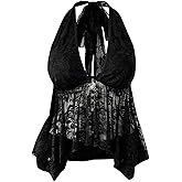 GORGLITTER Women's Plus Size Lace Halter Tops Y2k Backless Sheer Ruffle Goth Top Grunge Alternative Clothes