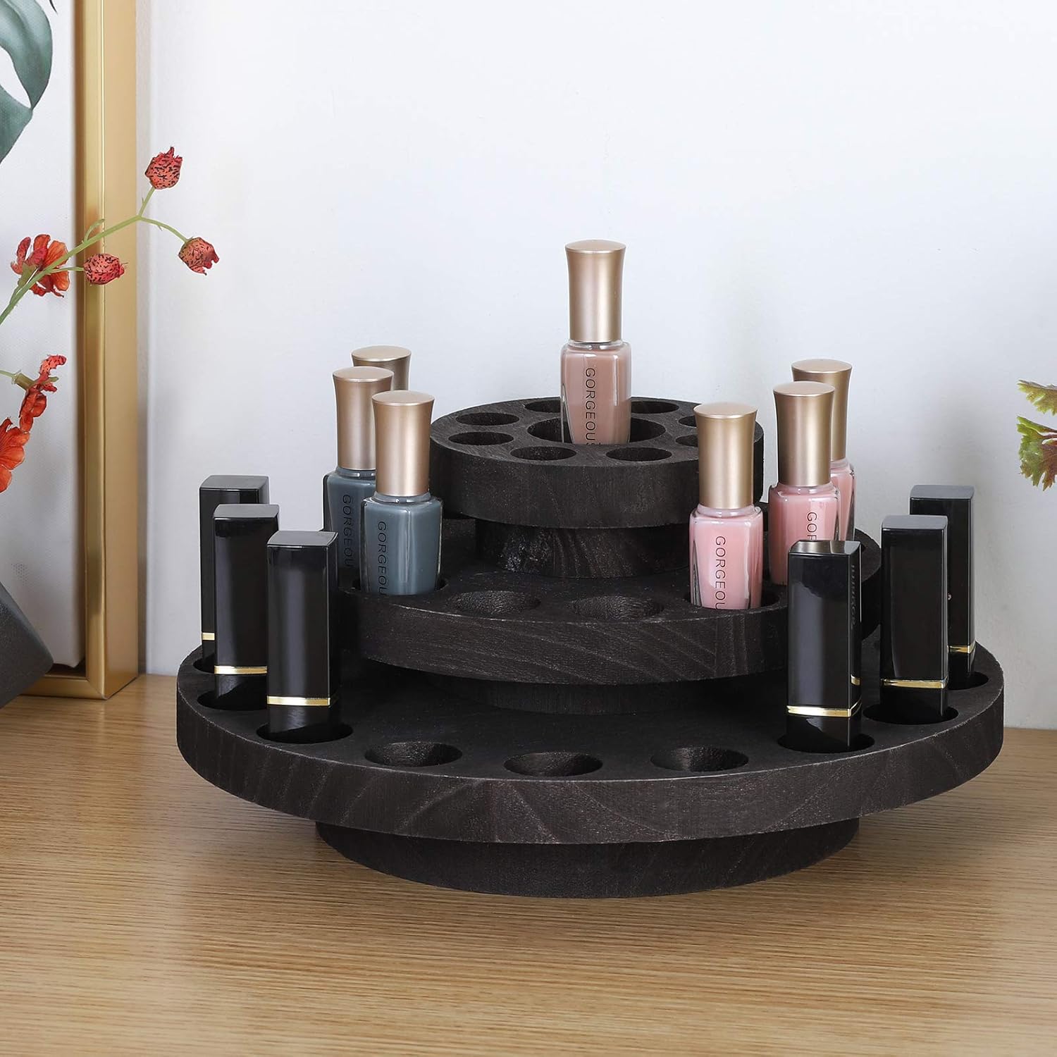 MOOACE 3 Tier Rotating Essential Oil Storage Box Hold 5/10/15/20/30ml Bottles, Wood Essential Oil Organizer Display, Dark Brown: Beauty