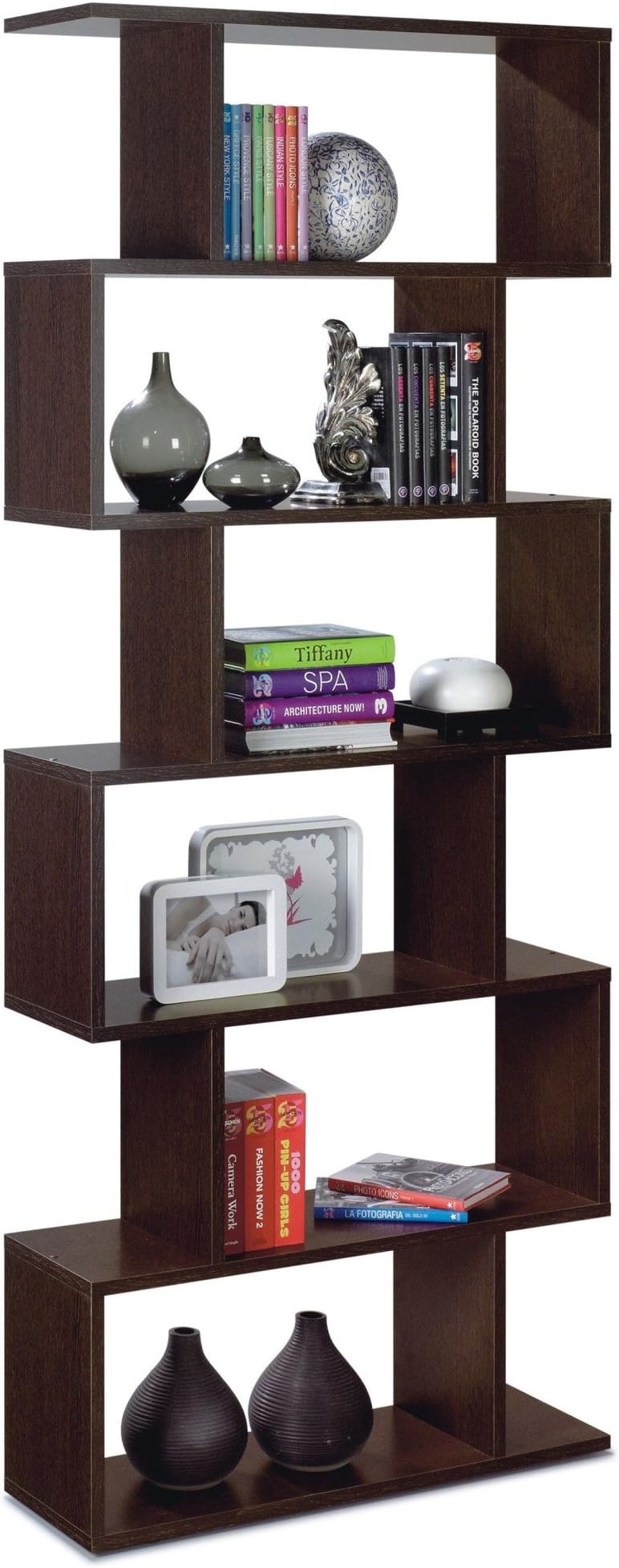 Ziggy BROWN Wenge Bookcase, Room Divider Shelving Modern & Stylish Living Room, Office & Home Study Furniture. This Elegant Zig Zag Book Case & Storage Unit with 6 Shelves Enhance Any Room, Clever Design Makes these the No.1 Choice for Bookshelves