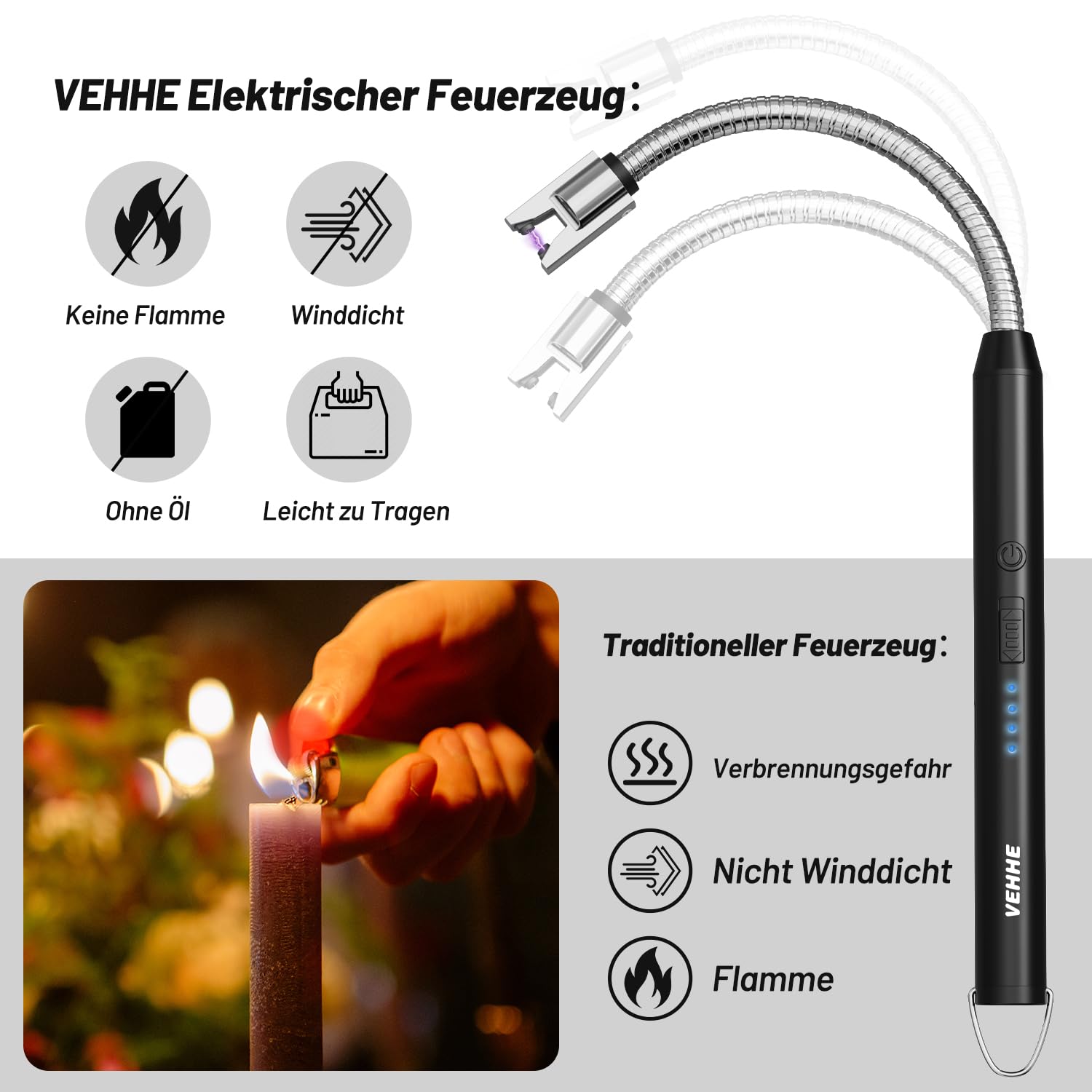 VEHHE Feuerzeug, Umweltfreundliches Elektrische Stabfeuerzeug mit USB-C-Ladung & 360° Flexiblem Hals, Ohne CO₂-Emissionen, Windfest & Explosionssicher für Küche, Gasherd, Grill und Kerzen (Schwarz) 2