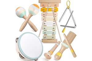 RMISCHOLAR Baby Musical Instruments - Montessori Musical Toys for Toddlers 1-3, Neutral Colors Wooden Percussion Instruments Set, Modern Boho Xylophone Tambourine, Kids Preschool Educational Birthday Gifts