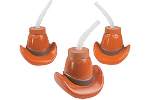 Fun Express Cowboy Party Favors - Western Cups with Lids & Straws 12 Pack | Cowgirl Birthday Party Supplies for Kids | Rodeo Themed Celebrations | Plastic Cowboy Hat Cups 15oz | Boot Cup Design