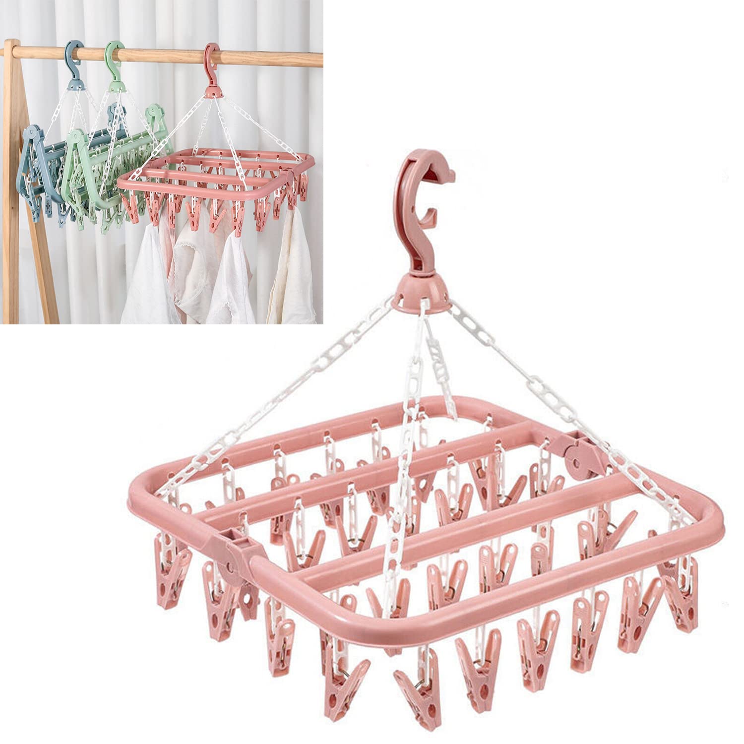 2 Pack Dryer Washing Line 32 Peg Airer Clothes Horse Underwear Sock Pants Hanger Socks Lingerie Bra Pants Camping Caravan Portable Travel Wardrobe Drying Laundry Rack Clip Pegs Drying Windproof Baby