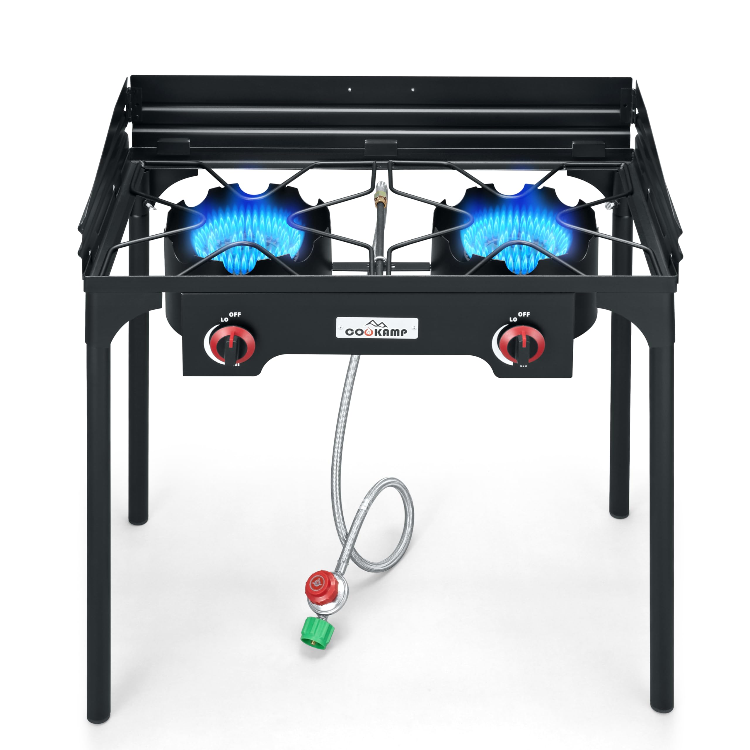 Photo 1 of COOKAMP High Pressure Double Propane Burner With Windscreen Outdoor Camping Stove with 0-20 PSI Adjustable Regulator and Steel Braided Hose SA2510 (Two Burner Stove With Windscreen)