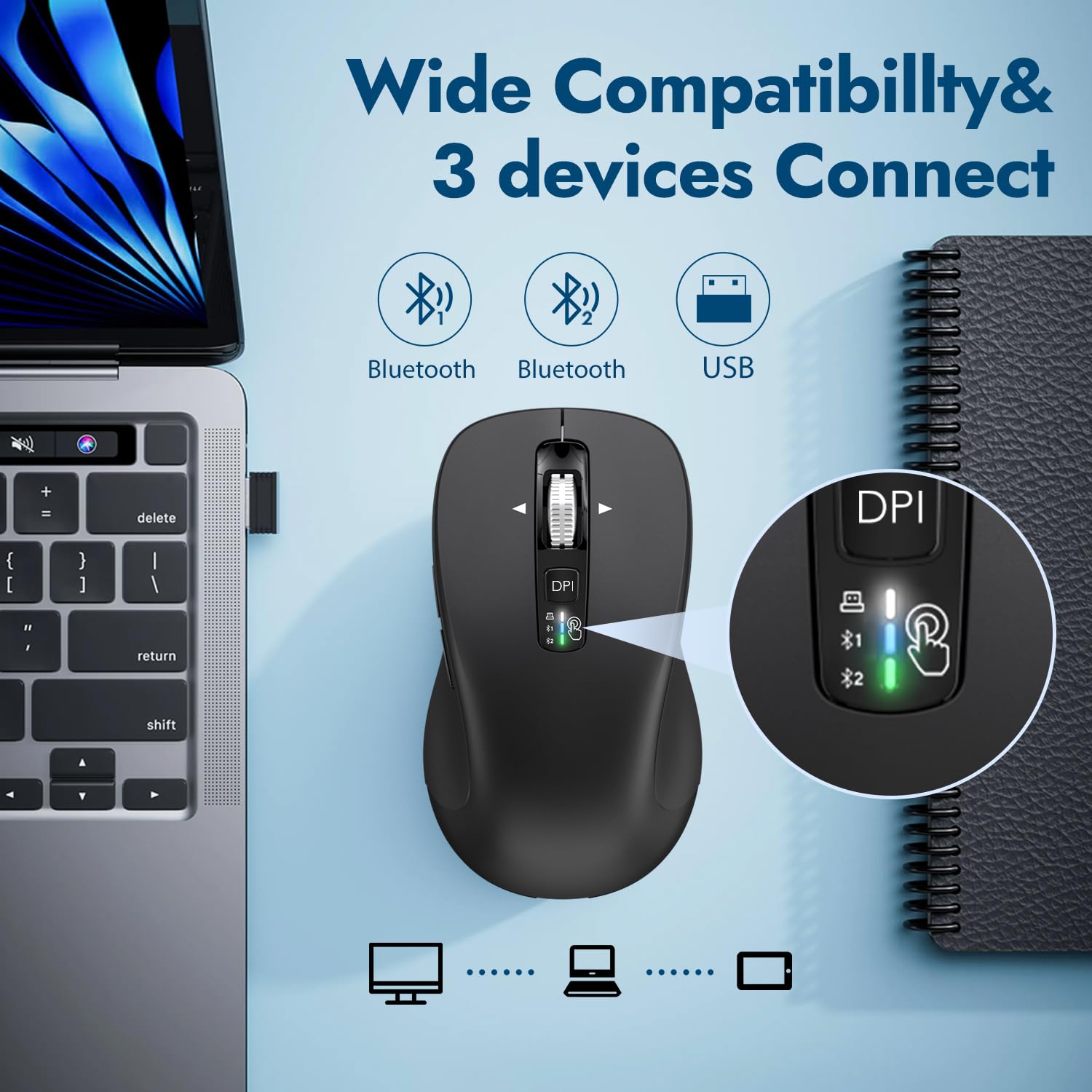 CITLLA Wireless Mouse for Laptop, Multi-Device Bluetooth Mouse, 4 Adjustable DPI Silent Mouse, 4-Way Scrolling Ergonomic Mouse for Windows, Full Size Mice for Laptop PC Computer Tablets(Black)