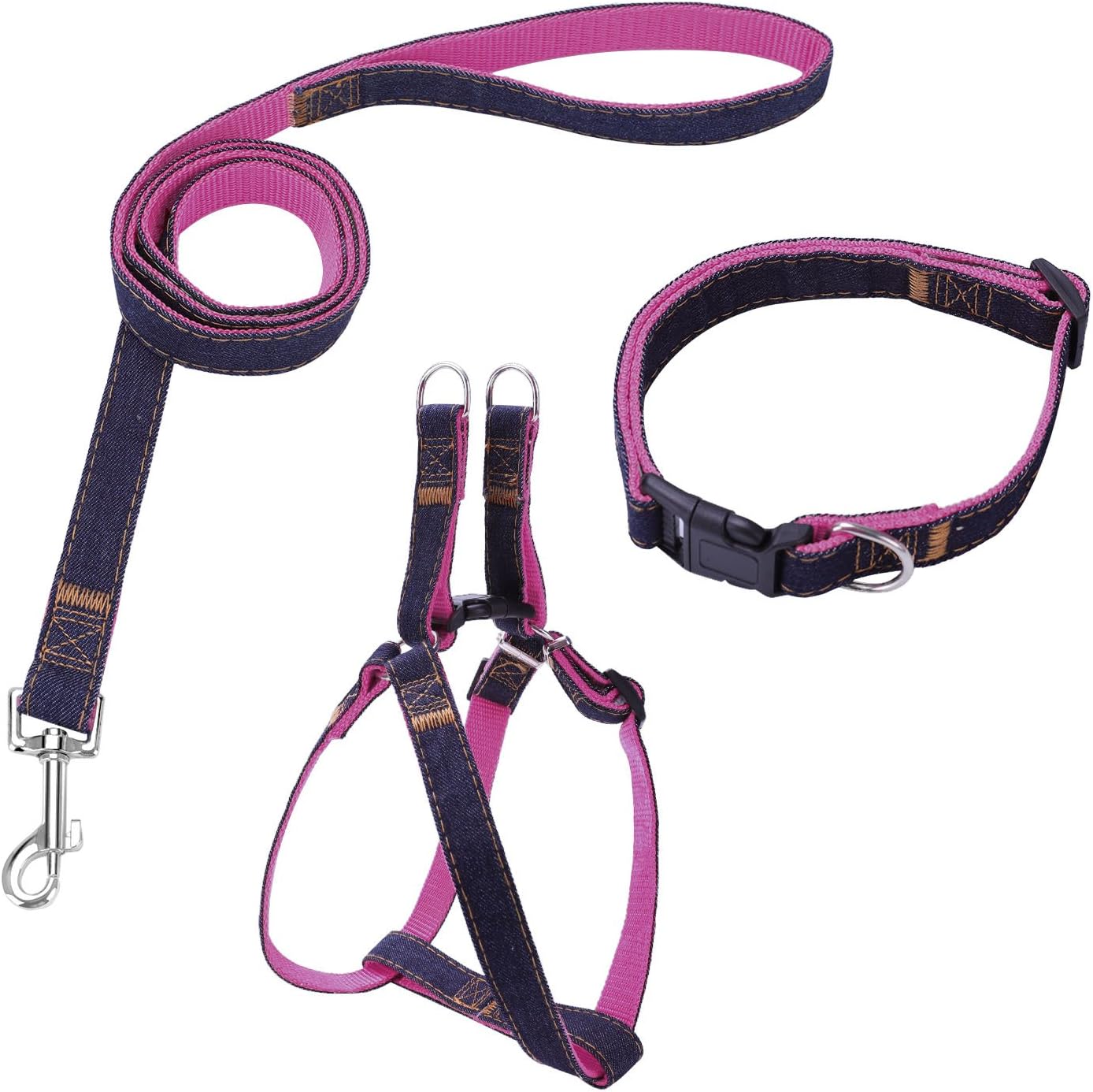 Bark Lover Dog Harness Leash and Collar Matching Sets for Small Puppy Medium Large Dogs Pets, Heavy Duty Nylon with Denim Design, Perfect Accessories for Walking Training Your Dog(L,Pink)