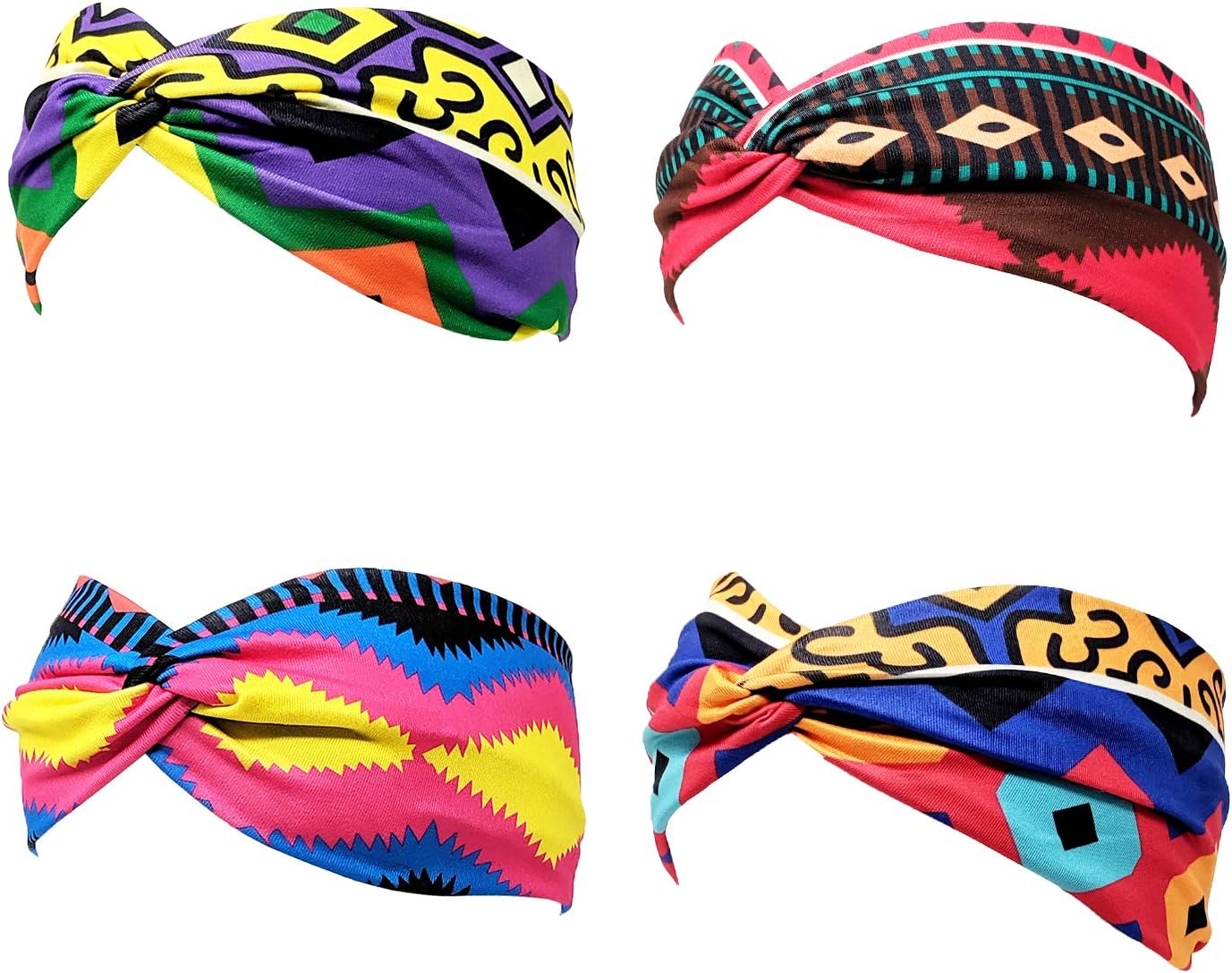 SIMPLICHIC - Funky Geometric Pattern Boho Headband Wraps with Knot (Pack of 4)