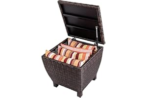 Sundale Outdoor Small Deck Storage Box with Lid, 13 Gallon Outdoor Bin Storage Container for Hose Cushion Towel, Patio Fully Assembled Brown Wicker Side Table with Storage - Rattan