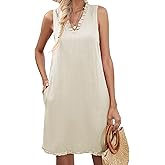 Famulily Women Cute Sleeveless Ruffled Deep V Neck Dresses Cotton Linen Dress for Summer Casual Shift Dress with Pockets