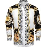 Mens Luxury Brand Printed Silk Like Satin Button Down Dress Shirt for Party Prom Long Sleeve Slim Fit Floral Nightclub Shirt