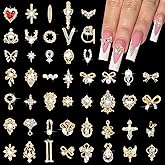 TOROKOM 3D Nail Charms, 48 PCS Luxury Shiny Nail Diamonds Rhinestones for Alloy Nail Decorations, Gold Metal Heart Bow Nail Crystal Gems for Girl Women DIY Nail Design
