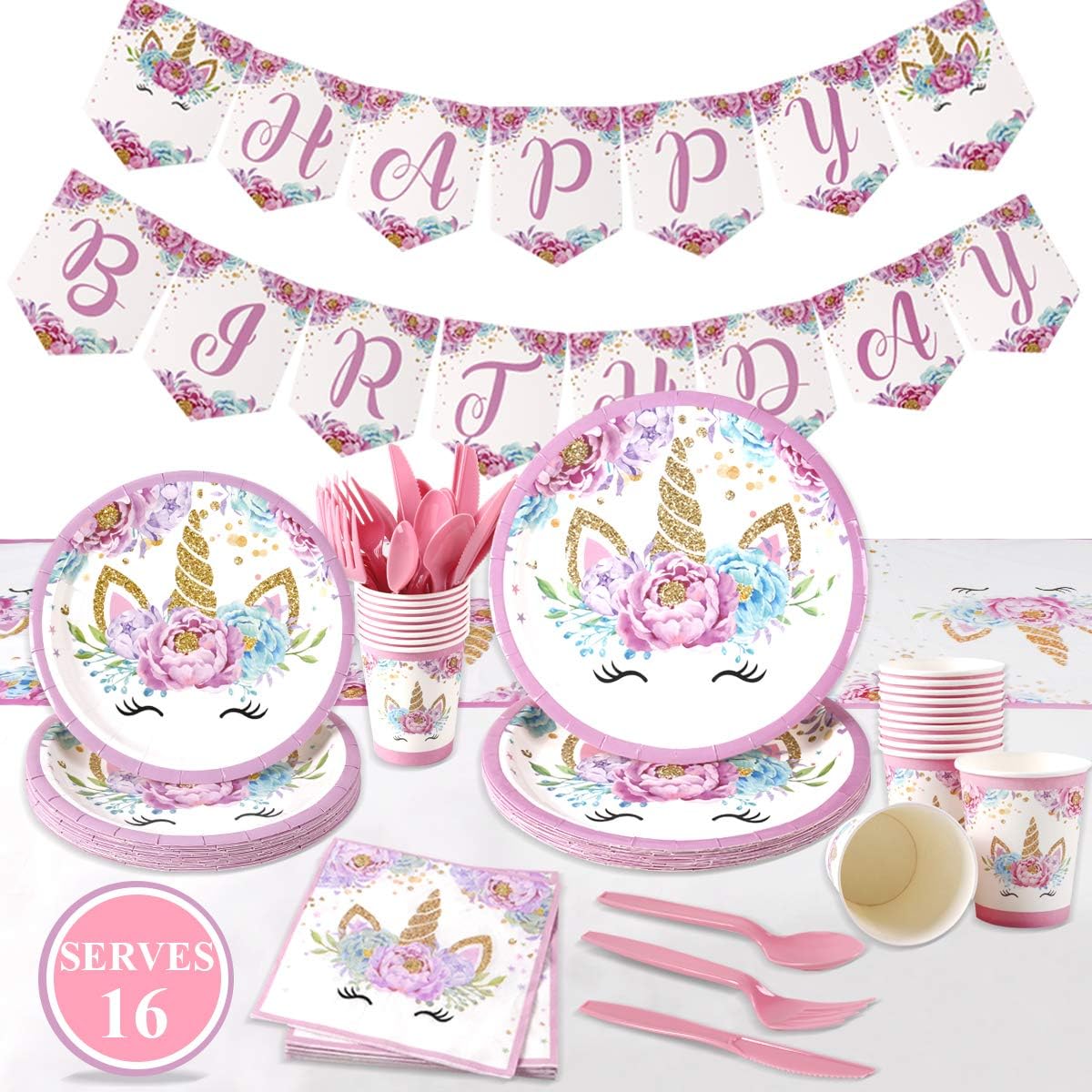 Unicorn Party Supplies Decorations Pack - Magical Unicorn Birthday Party Supplies Serves 16 | Plates, Cups, Napkins, Tableware(forks, knives, spoons), Tablecloth, Banner for Unicorn Theme Party Girls Boys Kids