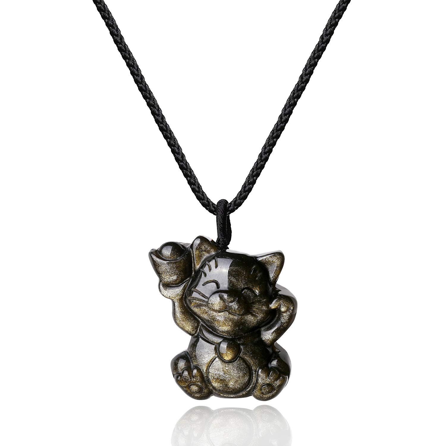 COAI Beckoning Cat Lucky Cat Golden Obsidian Stone Pendant Necklace for Women