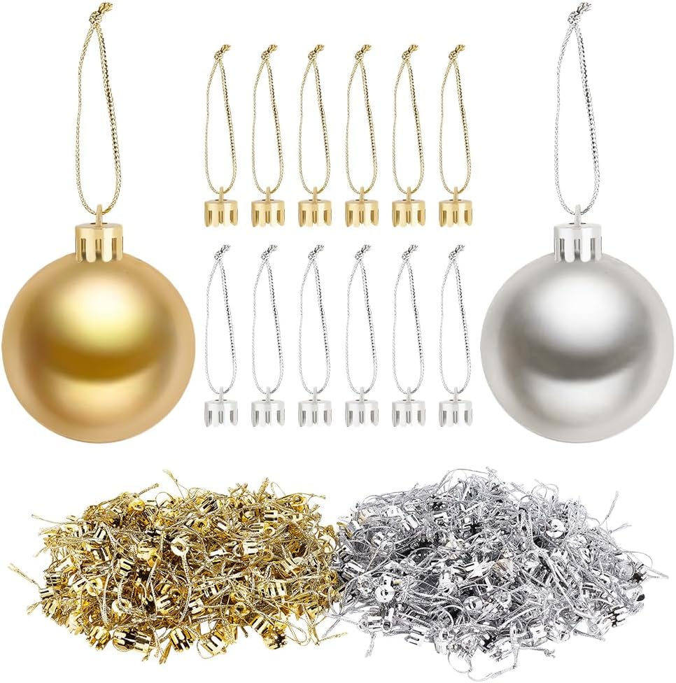 Ornament Hooks - WEBEEDY 400pcs Christmas Ornament Topper Caps Gold and Silver Ornament Caps Hanger Replacement with Hanger Strings Cord Set for Christmas Tree Decorations DIY Crafts