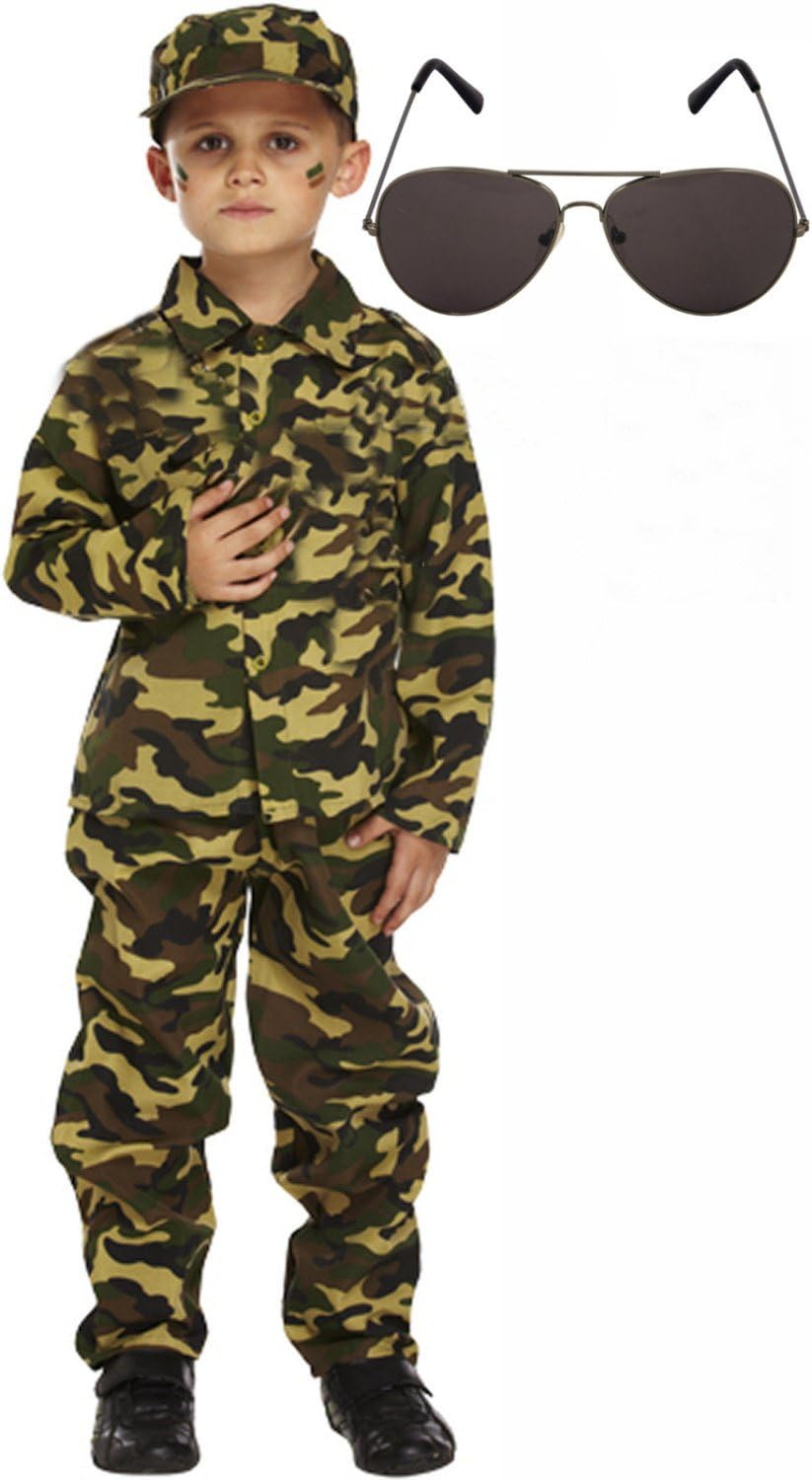Army Boy Soldier Action Man Kids Fancy Dress Costume Outfit with Sunglasses (7-9 years)