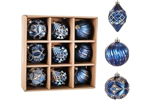 POLIKO 8cm 3.15" Christmas Ball Ornaments, 9 Pcs Shatter-Proof Set with Decor, 9ct Set 2023 Decoration for Xmas Tree Balls (Blue with Silver)