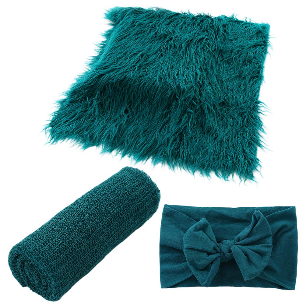 NUOBESTY Baby Photo Props 3pcs Newborn Photography Wraps Blanket Swaddle Wrap Bowknot Area Rug Photo Props for Baby Boys and Girls Dark Green