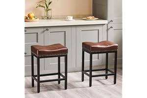 Sweetcrispy Bar Stools Set of 2, Counter Height 24 inch Saddle Stools, Modern PU Leather Barstools with Metal Base and Footrest, Upholstered Bar Chair for Kitchen Island, Brown