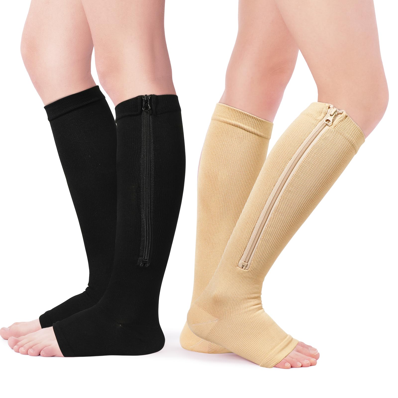 QKURT 2 Pairs Medical Compression Socks, Open Toe Calf Socks Knee High Calf Compression Socks 15-20 mmhg Compression Sports Health Socks with Zipper for Women Men
