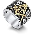 Bandmax Masonic Rings for Men, Stainless Steel Square/Round Shape Mens Signet Rings, Steel/Gold/Black Freemason Symbol Ring Size 7-14 Masonic Jewelry Gift
