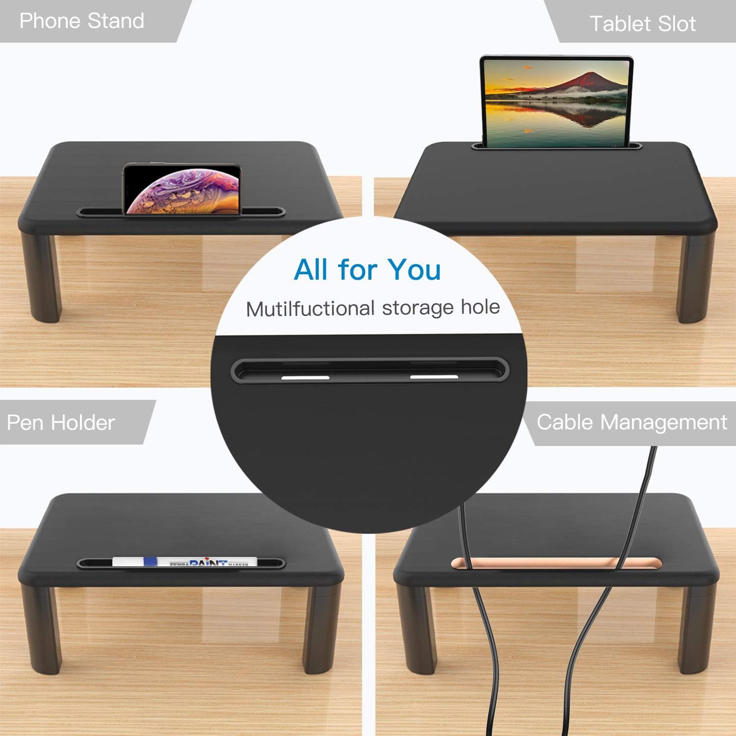 Monitor Stand Riser with Adjustable Height and Storage Organizer for Computer, Printer, Laptop, Desk with Tablet & Phone Holder, Cable Management Slot (Black, 1 Pack) : Office Products