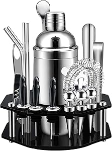 X-cosrack Bar Set,19-Piece Cocktail Shaker Set with Octagon Rotating Display Stand,SS304 Stainless Steel Premium Bartender Kit for Home,Bar,Party