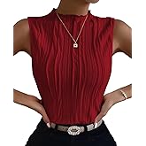 Poetsky Womens Summer Textured Tank Tops Sleeveless Mock Neck Tank Slim Fit Shirt Blouse