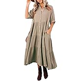 R.Vivimos Women's Summer Cotton Half Sleeves Button Down Casual Loose Slit Midi Dress with Pockets