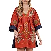 Joiemont Womens Oversized Embroidered Dress with V-Neck and 3/4 Sleeves Vintage Embroidery Babydoll Dress