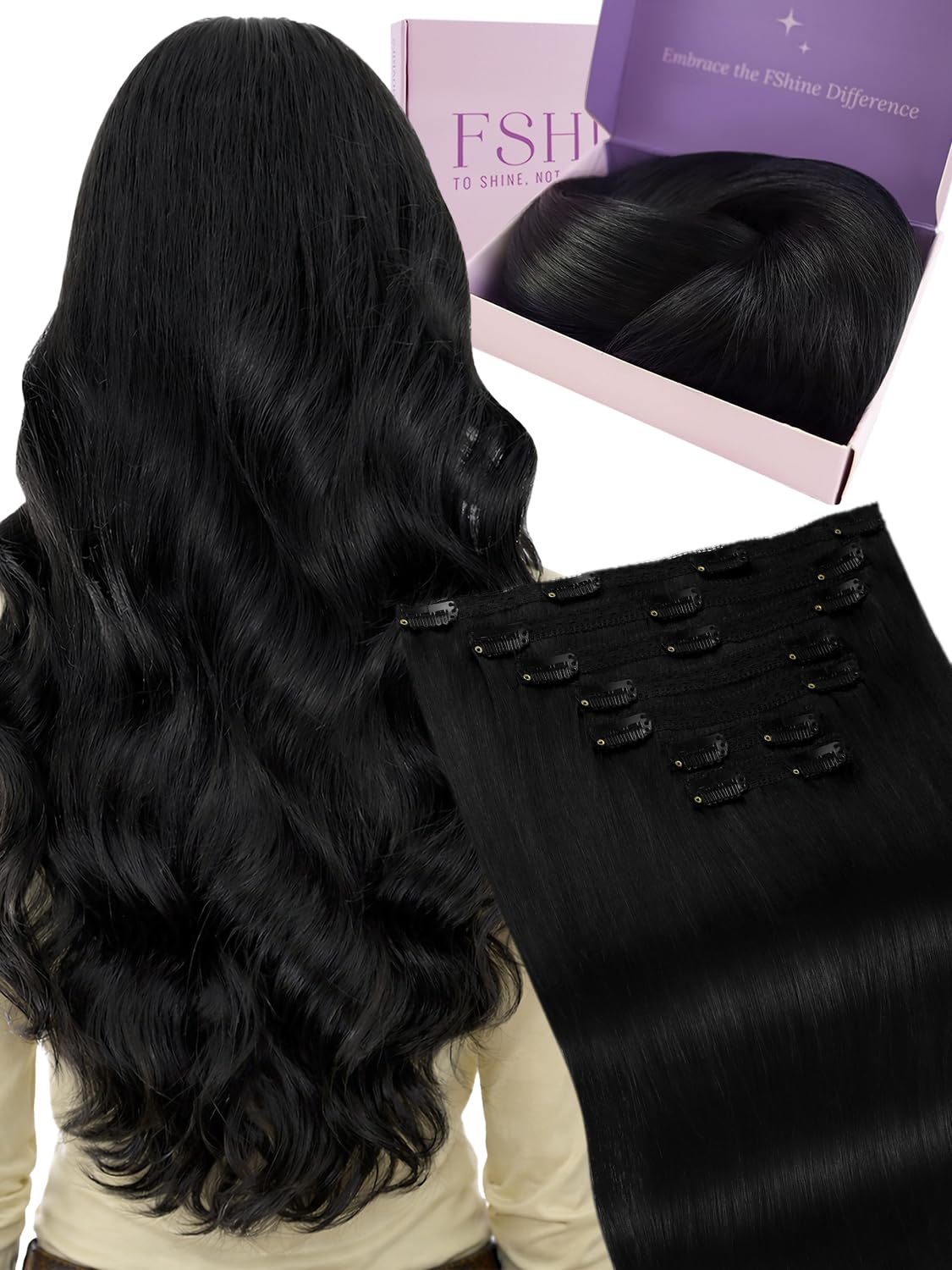 Fshine 24 inch Clip in Hair Extensions Real Human Hair Black Real Hair Extensions Clip in Jet Black Human Hair Clip in Extensions Long Straight 7pcs 120g — image 1