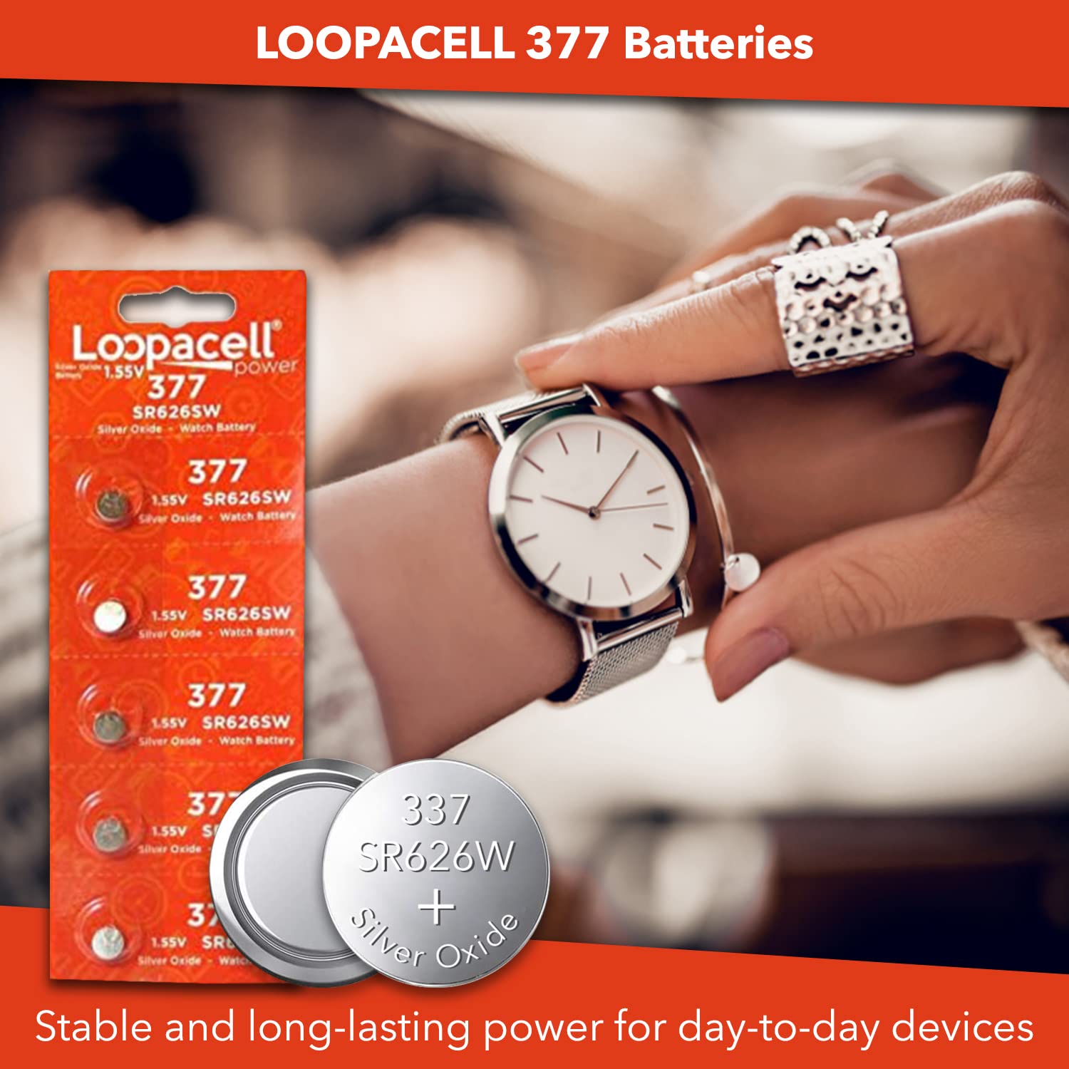 LOOPACELL 377/376 / SR626W / SR626SW / Silver Oxide Watch Batteries (Pack of 5) - 1.55V Long Lasting Coin Cell Battery for Watches, Toys, Decorations, Wristwatches, Remote Control, Mini Radio