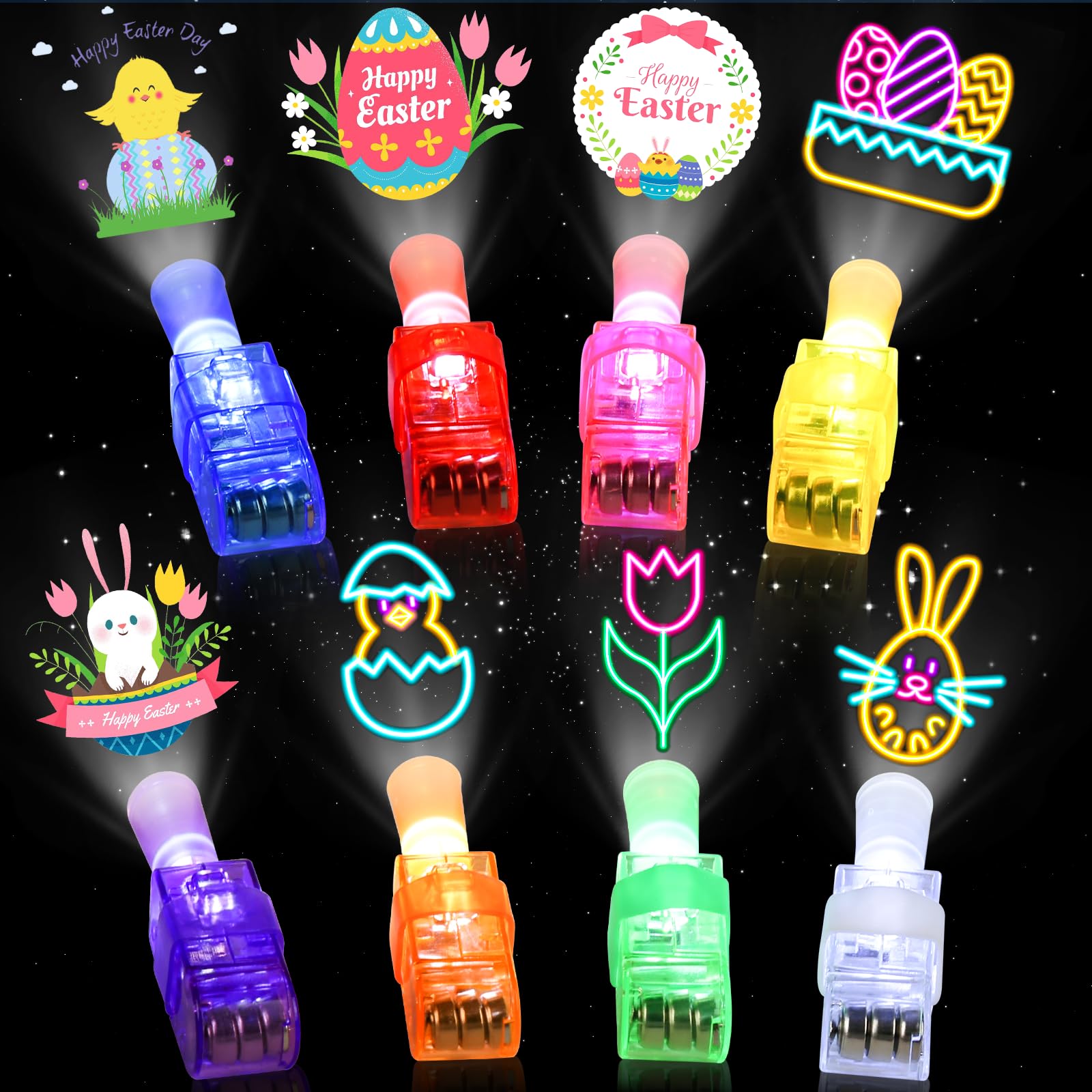 DOCMON 48PCS Easter Party Favors, Led Finger Lights for Kids Bulk, Mini Light Up Finger Flashlights for Easter Egg Hunt, Surprise Egg, Basket Fillers, Classroom Prizes Parties Halloween Christmas