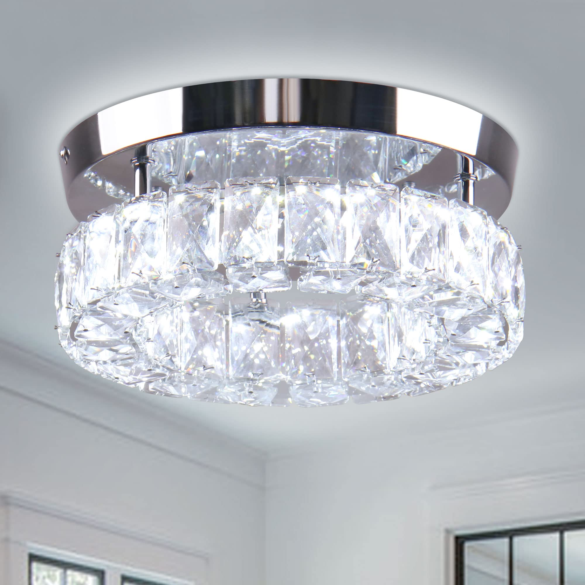 Photo 1 of ***(PARTS ONLY/ MISSING PARTS/ MINOR DAMAGE/ NON FUNCTIONAL)***PQXYHDA 9.8" Crystal Flush Mount Ceiling Light Fixtures LED Round Mini Chandelier Light Fixture Ceiling Lamp for Kitchen Hallway Foyer 15 W 6000K