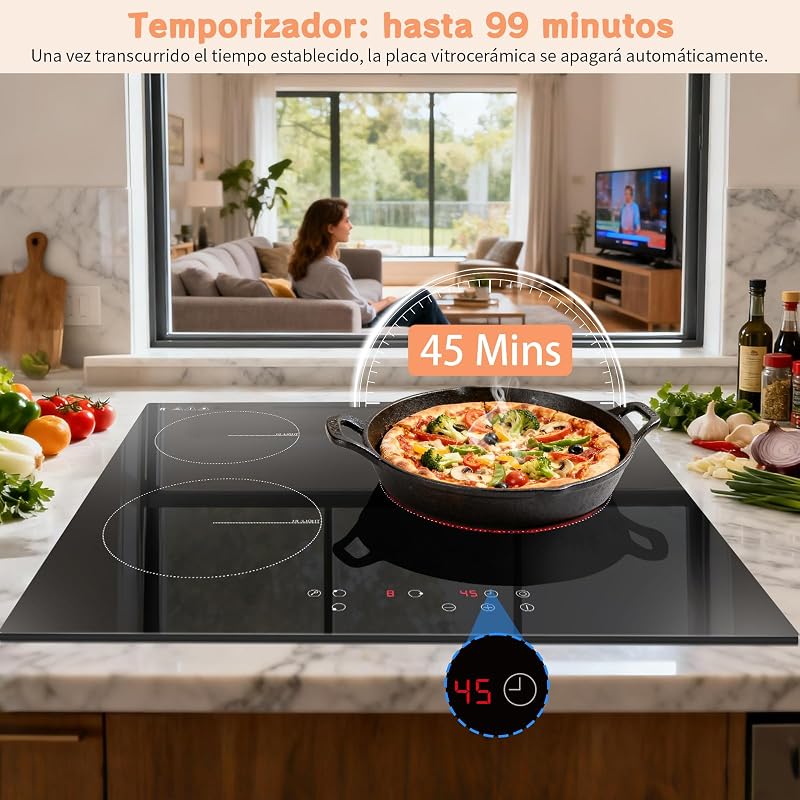 Placa Vitroceramica 3 Fuegos 60 cm con Zona Extensión, 5200 W