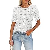 LUXVEER Women's Eyelet Tops Puff Short Sleeve Blouses Dressy Casual Cute Hollow Out Crochet Lace Embroidered Summer Shirts