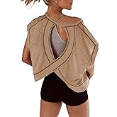 Fhniepan Open Back Tops for Women Oversized Short Sleeve Workout T Shirts Backless Y2k Athletic Crop Running Tees