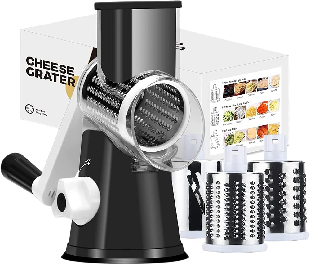 Ourokhome Rotary Cheese Grater Vegetable Slicer 3 Stainless Steel Drums Suction