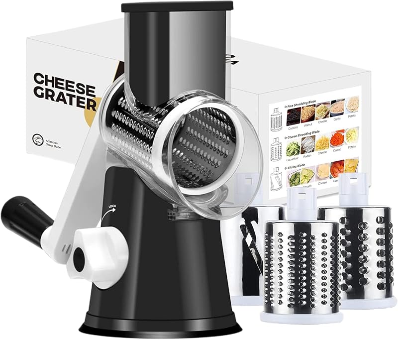 Ourokhome Rotary Cheese Grater Vegetable Slicer 3 Stainless Steel Drums Suction