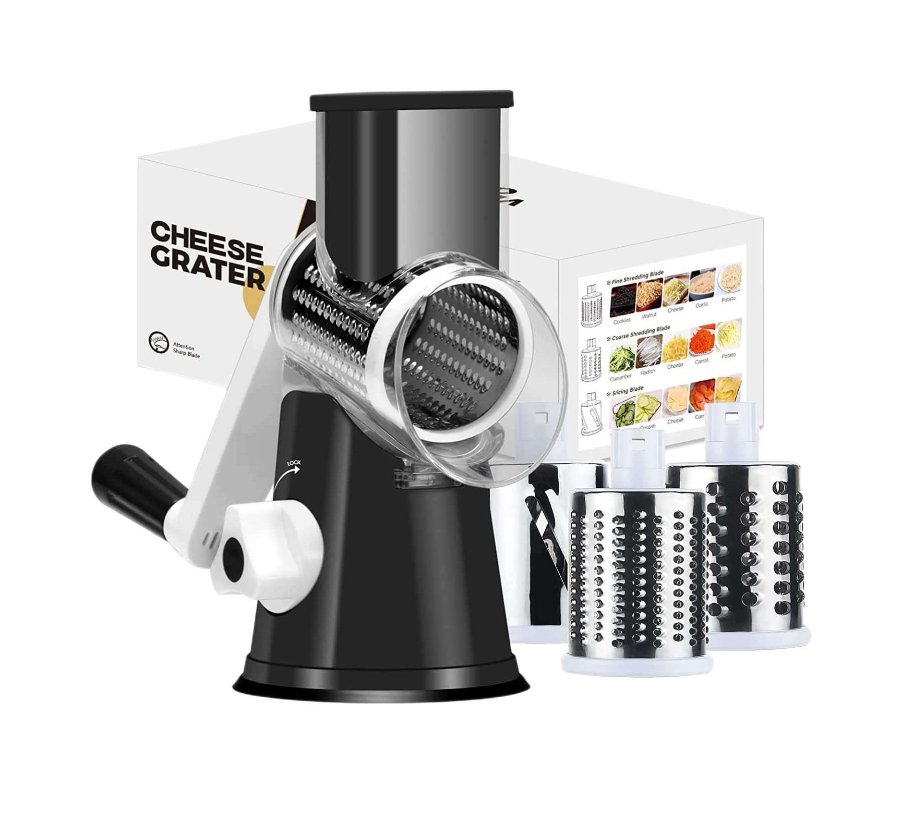 Ourokhome Rotary Cheese Grater Vegetable Slicer - Rotary Round Drum Grater Chopper with 3 Stainless Steel Drums Strong Suction Base (Black) — image 1