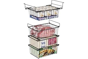 iSPECLE 4 Pack Freezer Organizer Bins - Fit 5 Cu.FT Chest Freezer, 1 Expandable Hanging Bin and 3 Pack Stackable Deep Freezer Organizer, Sort and Get Frozen Food Easily with Handle, Black