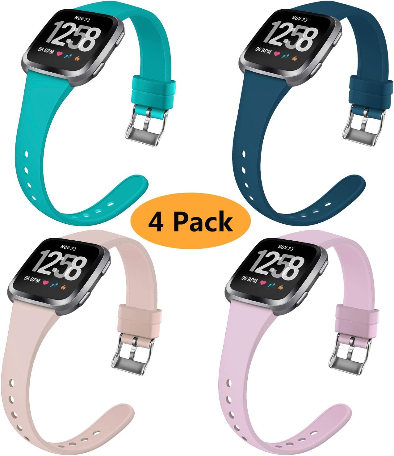 Coperr 4 Packs Bands Compatible with Fitbit Versa/Fitbit Versa 2/Fitbit Versa Lite for Women Men, Narrow Slim Soft Silicone Replacement Wristband for Fitbit Versa Smart Watch with Buckle Design