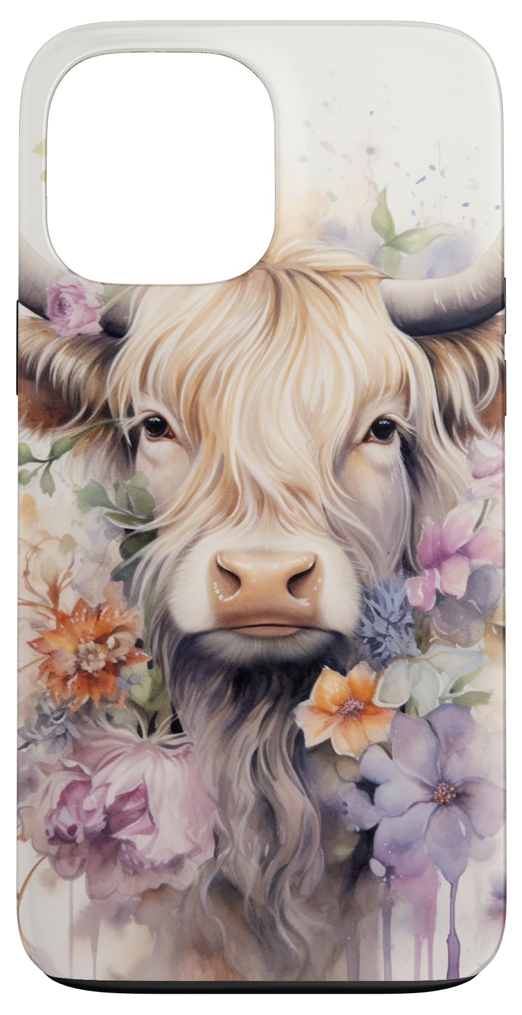 Spring Elegant Highland Cow Pastel Watercolor Floral Case for iPhone 13 Pro Max
