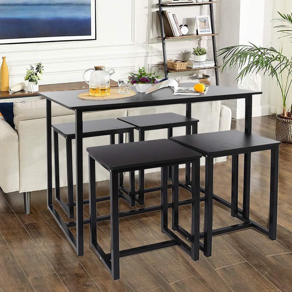 Black Finish Bar Pub Table Set Modern Industrial Table And Chair Set 5 Piece Dining Room Table Set Industrial Style Counter Height Kitchen Table With 4 Backless Bar Stools For Dining Area Table