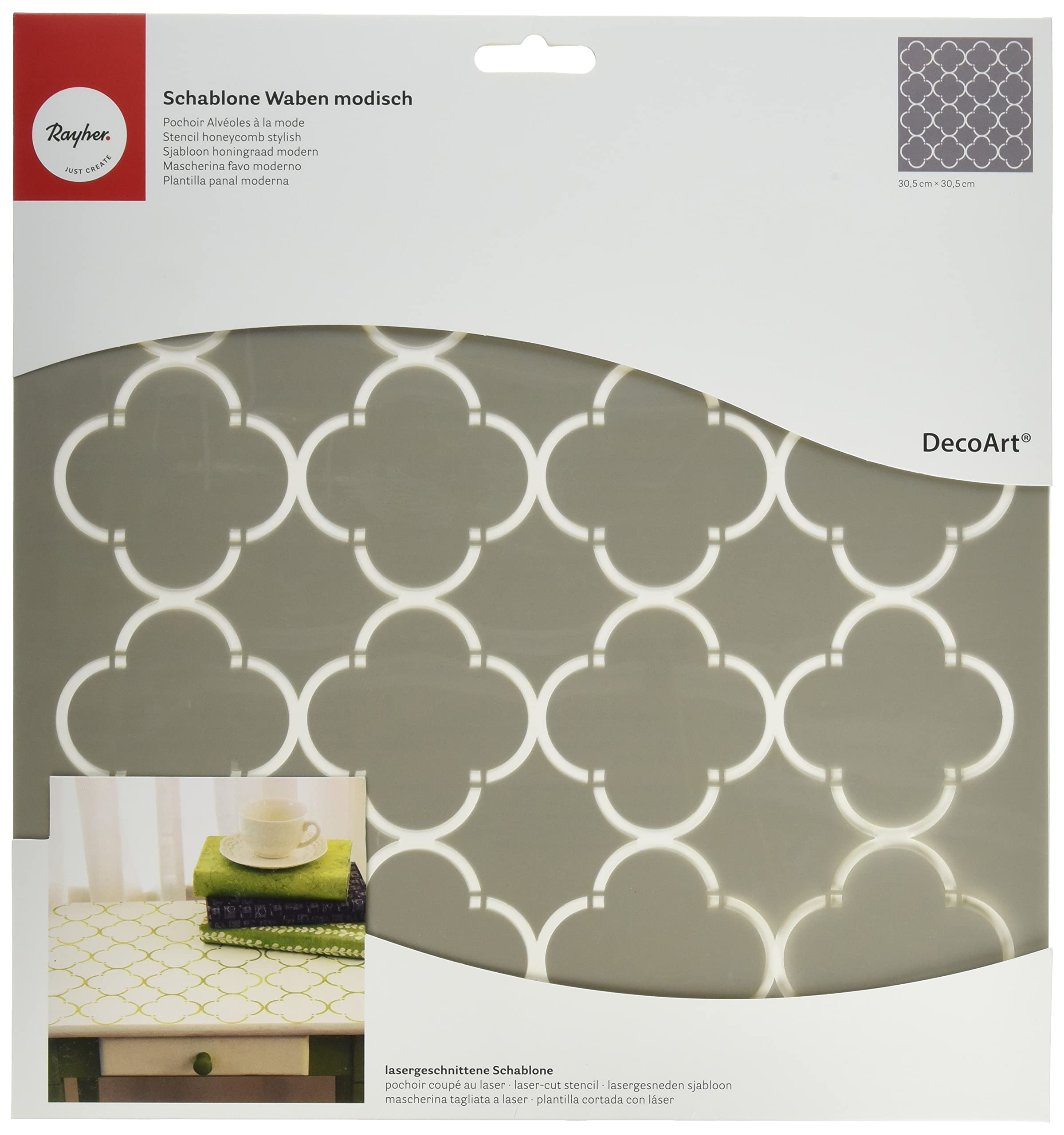 Rayher Mask Stencil for Crafts and Painting, Reusable Silk Screen Template with Honeycomb Design, 30.5x30.5cm, grey, 38967000