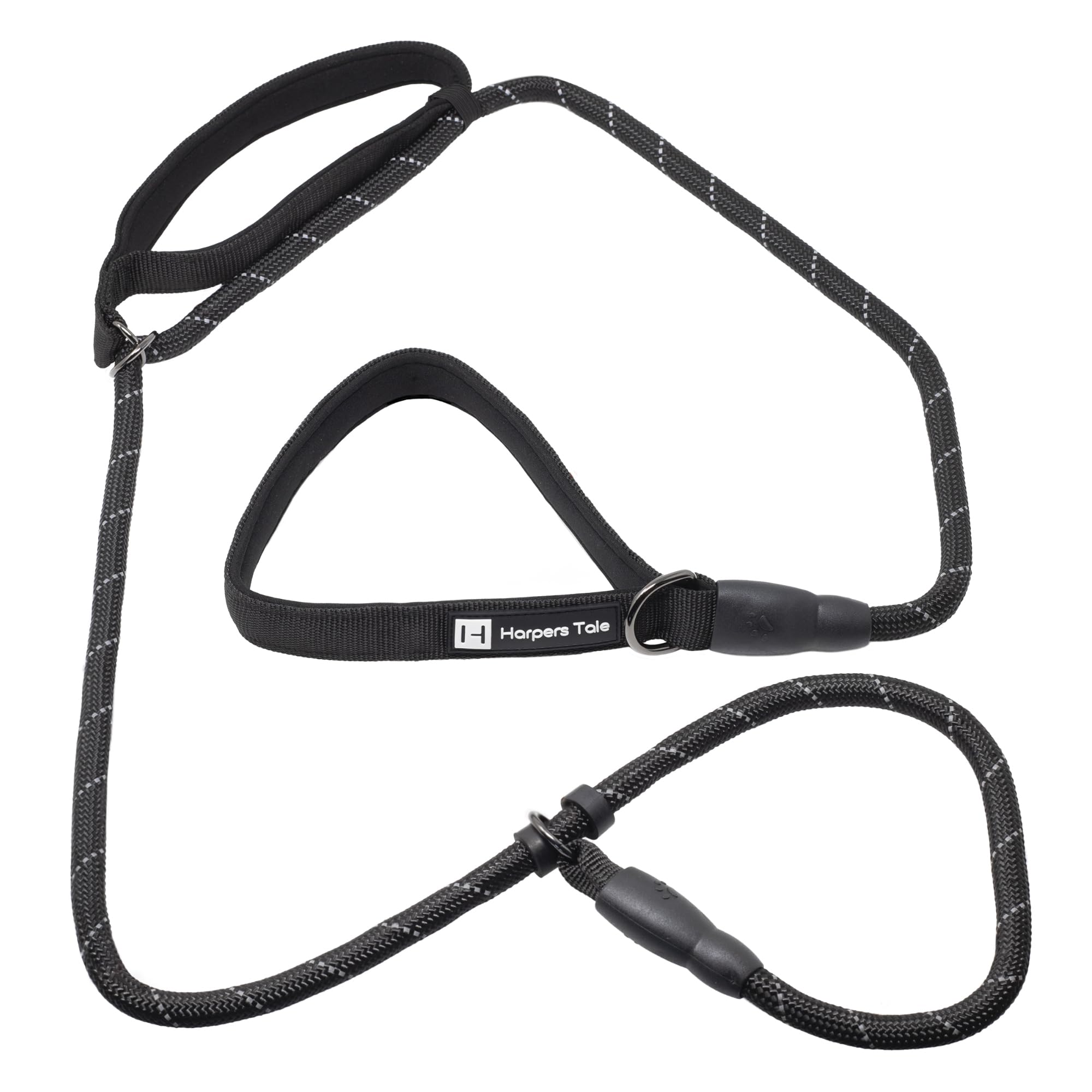 Harpers Tale Reflective Black Rope Slip Lead Innovative Design with Adjustable Control Handle - Adjustable Slip Noose - Neoprene Padded Handles 1.5 M Long for Small, Medium & Large Sized Dogs