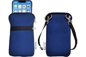 Tainada Neoprene Universal Cell Phone Double Zipper Sleeve Pouch Case Carrier Bag for Men Women w/Crossbody Strap/Neck Lanyard | Shock-Absorbing | Lightweight | (Navy Blue)