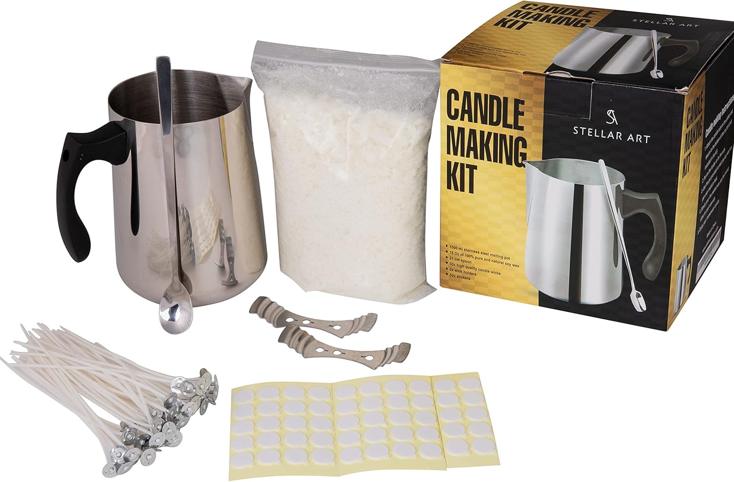 Stellar Art – Soy Wax DIY Candle Craft Tools, Candle Making Supplies for Beginners. The Kit Includes 1500ml Melting and Pouring Pot, Natural Soy Wax, A Spoon, Cotton Wicks, Wick Holders and Stickers.