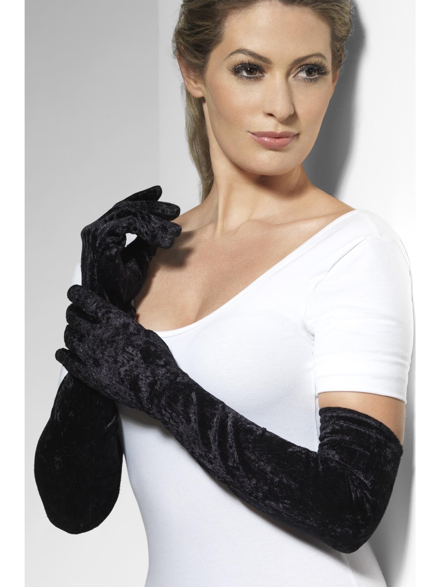 Smiffys Velveteen Gloves, Black Long, Fever Gloves Fancy Dress, Fever Dress Up Accessories