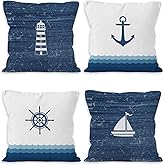 VRW Coastal Nautical Throw Pillow Covers 18x18, Navy Blue Lighthouse Boat Anchor Ocean Decorative Pillow Covers for Home Bedroom Living Room, Nautical Accent Pillows Cover Pillowcases Set of 4