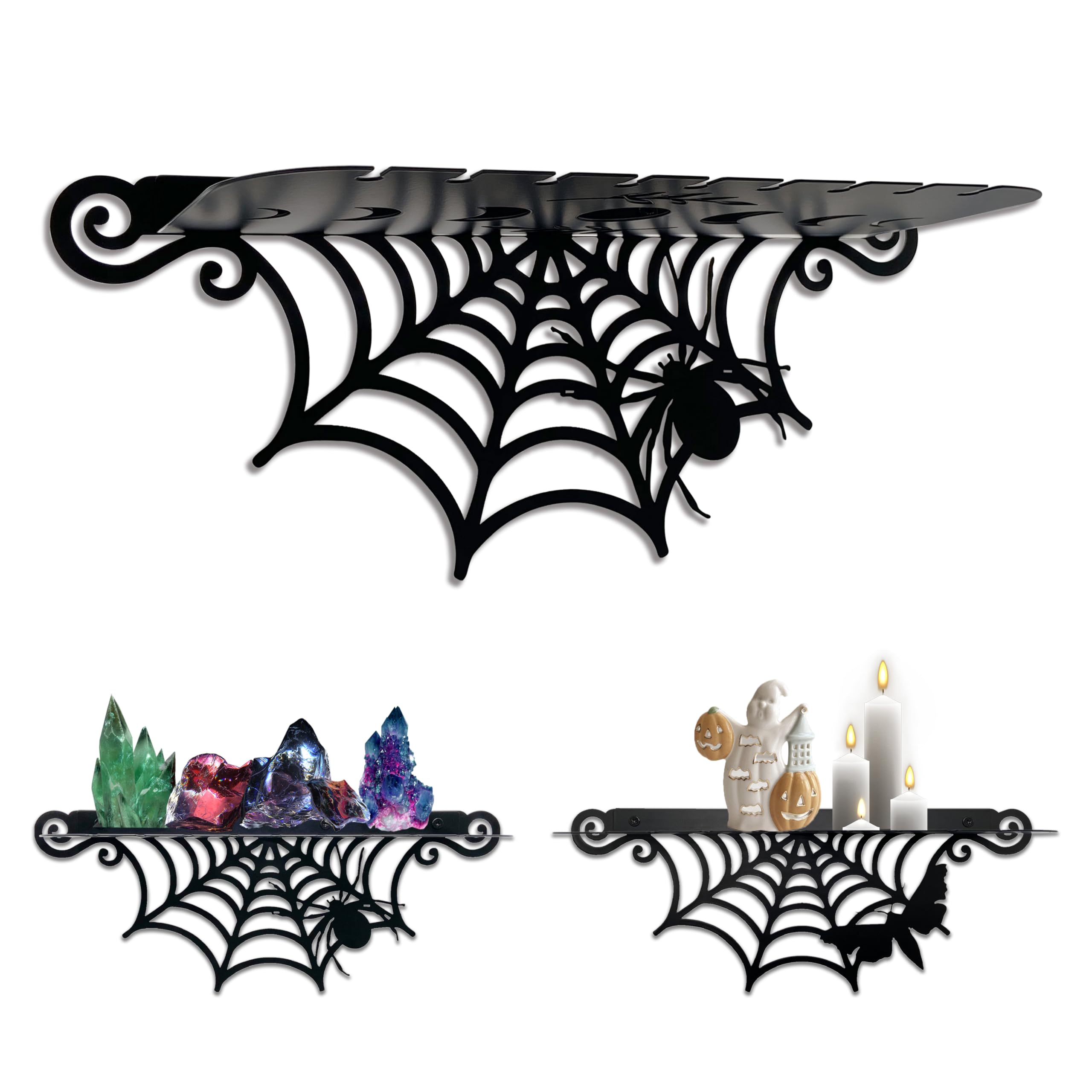Photo 1 of 2 Pcs Gothic Metal Spiderweb Shelves - Goth Decor Shelf for Crystal Display, Black Witchy Style Spider & Luna Moth Floating Shelves - Halloween Wall Hanging Shelf - Spooky Home Decor for Room